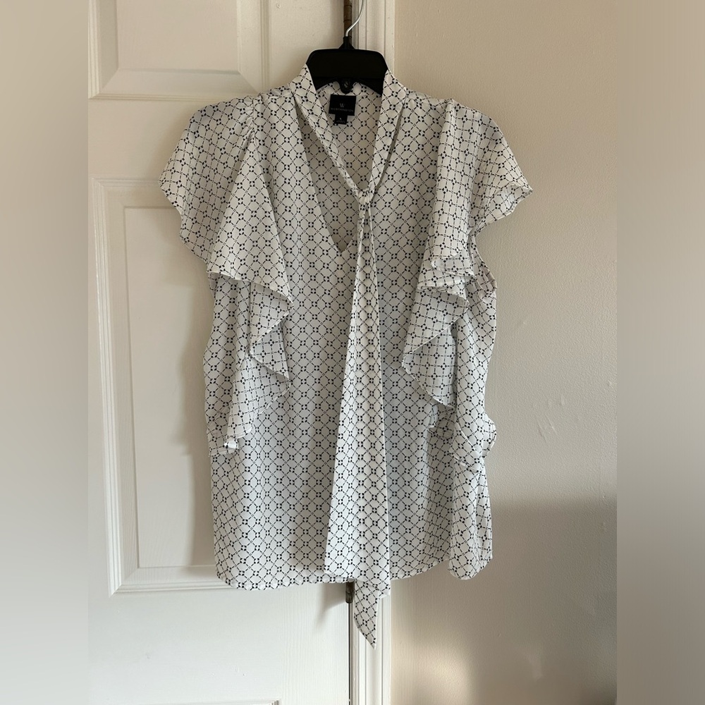 Worthington White Top Black Pattern Short Sleeve Blouse with Neck Tie